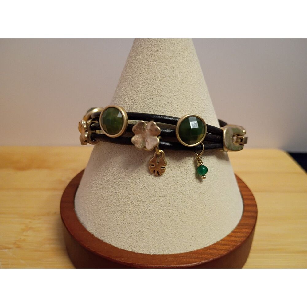 Lucky Black Leather 3 Strand Charm Bracelet with Green & Goldtone Clover Charms